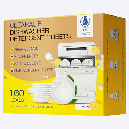 CLEARALIF Dishwasher Detergent Sheets - Powerful Stain Removal, Lemon Scent, 160 Loads