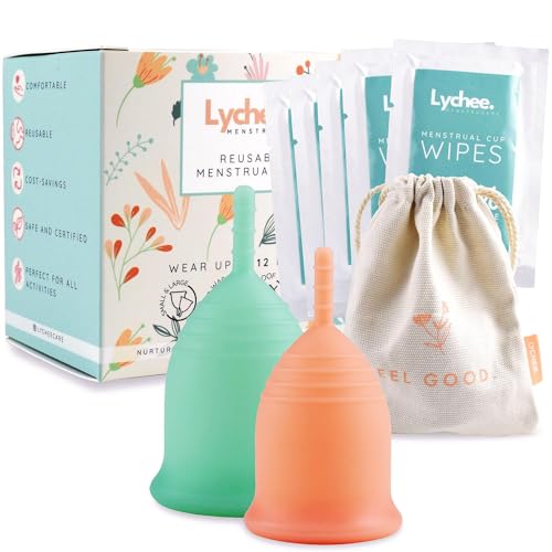 Lychee Menstrucare Menstrual Cup - Leak-Proof Comfort, Includes Wipes & Storage Bag - 2 Pack