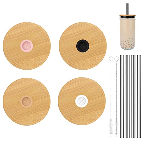 Tronco Bamboo Mason Jar Lids - Reusable & Food-Safe with Stainless Steel Straws - 4 Pack