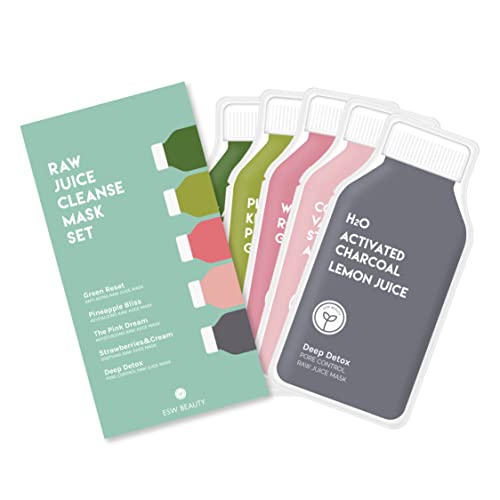 ESW Beauty Raw Juice Cleanse Mask Set - Anti-Aging, Revitalizing, Biodegradable Material - 5 Masks