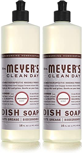 Mrs. Meyer's Liquid Dish Soap - Grease & Stain Remover, Lavender Scent, Plant-Derived - 16oz, 2 Pack