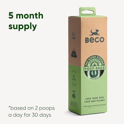 Beco Big & Strong Dog Poop Bags - Leakproof, 100% Recycled, Tissue Box Dispenser - 300 XL Bags