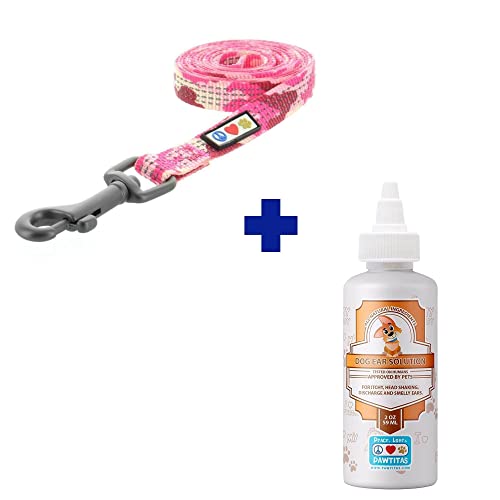 Pawtitas Pet Care Bundle - Durable Pink Camo Leash, 100% Natural Ear Cleaner for Dogs