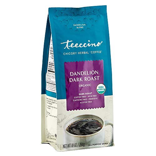 Teeccino Dandelion Dark Roast Herbal Coffee - Caffeine-Free, Prebiotics for Gut Health - 10 oz