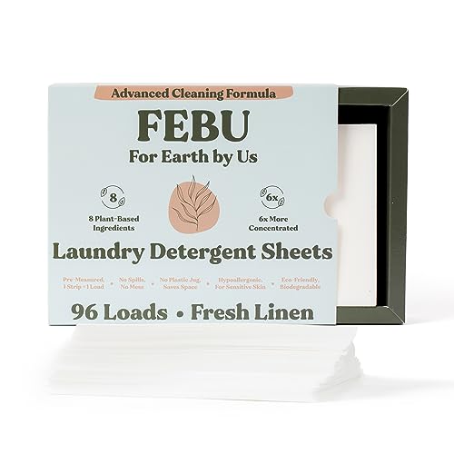 FEBU Laundry Detergent Sheets - 6X Cleaning Power, Plant-Based, Hypoallergenic - 96 Loads