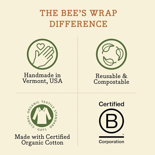 Bee's Wrap Reusable Beeswax Food Wraps - Natural, Non-Toxic, 3 Assorted Sizes for Food Storage