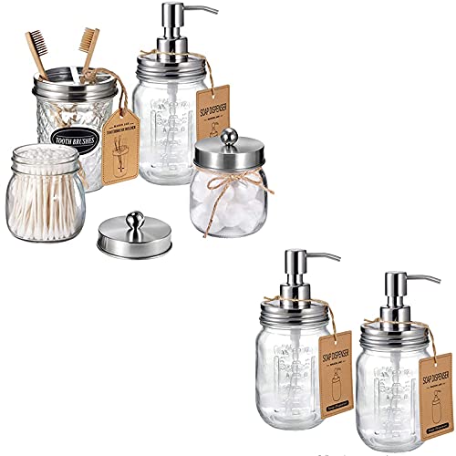 Brushed Nickel Mason Jar Bathroom Accessories Set - 6-Piece Rustic Decor, Waterproof - 4 Jars