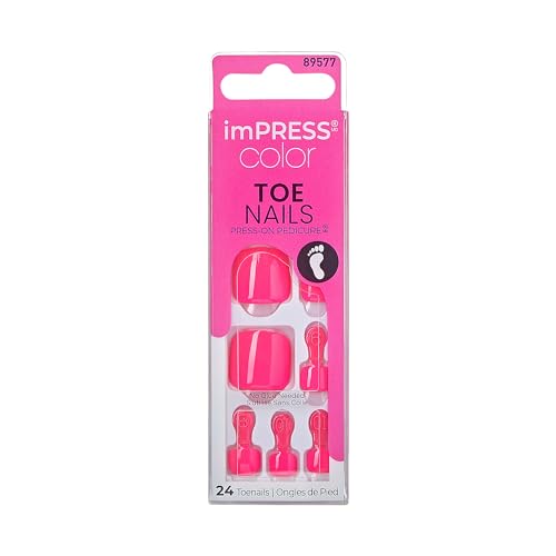 KISS imPRESS Press-On Toenails - Long-Lasting, High-Gloss Pink, Includes Prep Pad & File - 24 Count