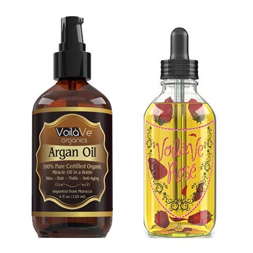 VoilaVe Pure Organic Moroccan Argan Oil - Nourishing Moisturizer, Anti-Aging Rose Aroma - 2oz