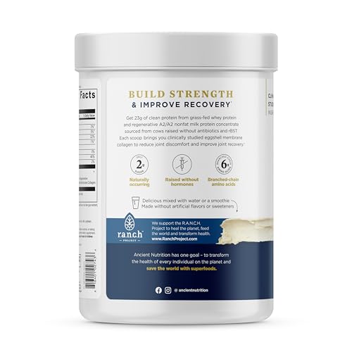 Ancient Nutrition Grass Fed Whey Protein - 23g Protein, A2 Milk, Collagen for Joint Health - Vanilla