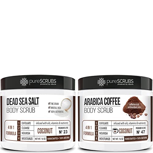 pureSCRUBS Coconut Dead Sea Salt & Coffee Body Scrubs - Exfoliate & Nourish - 2 x 16oz