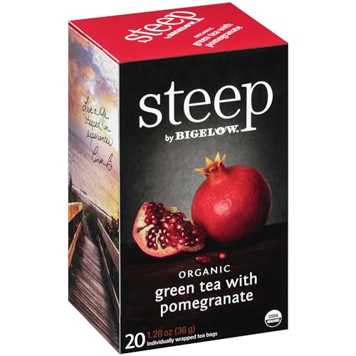 steep by Bigelow Organic Green Tea with Pomegranate - Caffeinated, Non-GMO, 20 Count (Pack of 6)