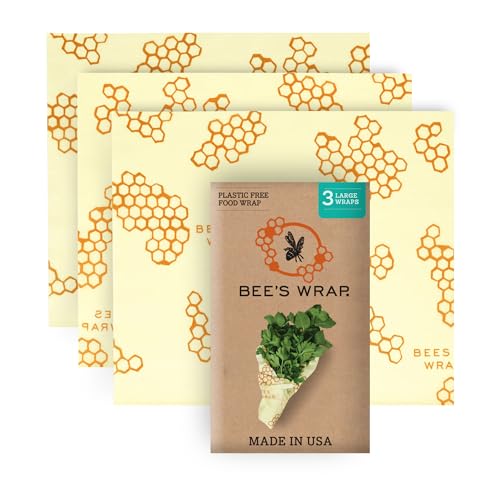 Bee's Wrap Reusable Beeswax Food Wraps - Organic Cotton, Non-Toxic, 3 Large Honeycomb Wraps