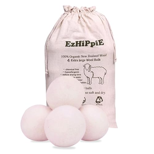 Ezhippie Wool Dryer Balls - Natural Fabric Softener, Reduces Static & Wrinkles - 4 XL Pack