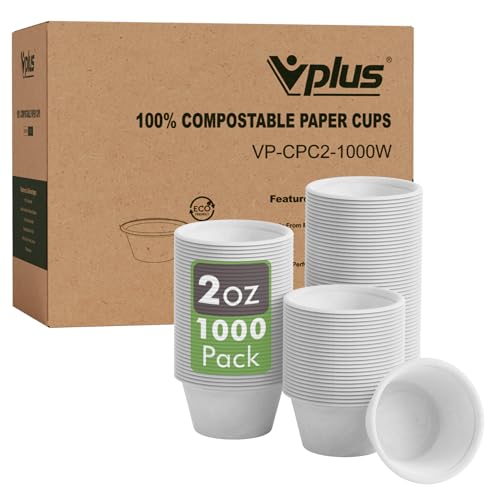 Vplus Compostable Food Portion Cups - Durable 2oz for Dips & Sauces, 1000 Pack Made from Bagasse