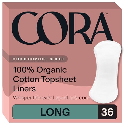 Cora Sanitary Napkins - 100% Organic Cotton, Quick Absorbency, Hypoallergenic - 36 Long Liners