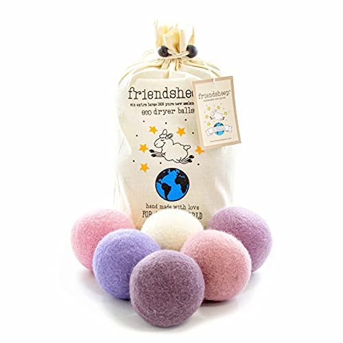 Friendsheep Wool Dryer Balls - Softens Laundry, Reduces Wrinkles & Drying Time - 6 Pack XL Lavender