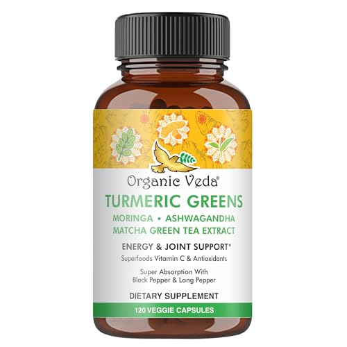 Organic Veda Turmeric Greens Capsules - Energy & Joint Support with Moringa, 120 Count