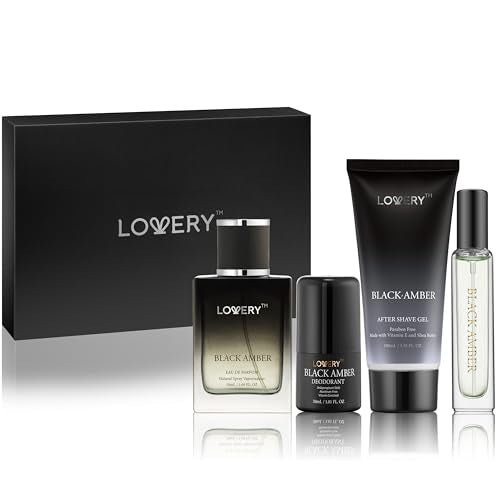 LOVERY Men's Grooming Set - Black Amber Fragrance, Cruelty-Free Ingredients - 4pc Gift Set
