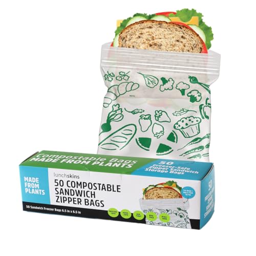 Lunchskins Ziptop Compostable Food Storage Bags - Freezer-Safe, BPA-Free, 50 Sandwich Size