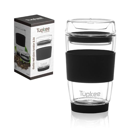 Tupkee Double Wall Glass Tumbler - Leak-Proof, Hand Blown, Insulated - 8oz Travel Mug, Black