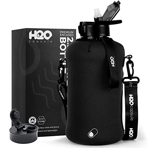 H2O Capsule Reusable Water Bottle - 2.2L Hydration with Storage Sleeve & Covered Straw Lid