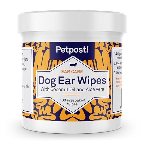 Petpost Dog Ear Cleaner Wipes - Soft Cotton Pads with Coconut Oil & Aloe, 100 Count