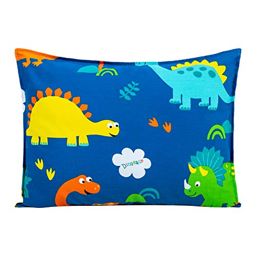 Cottonblue Kids Pillow - 100% Organic Cotton Case, Breathable Comfort, Blue Dinosaur - 14x19