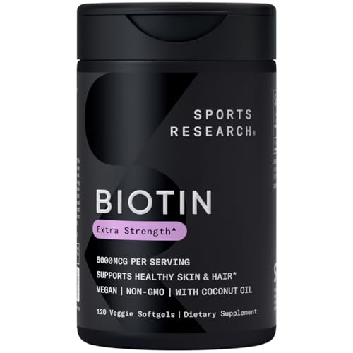 Sports Research Vegan Biotin 5000mcg - Supports Healthier Hair & Skin, Non-GMO - 120 Softgels