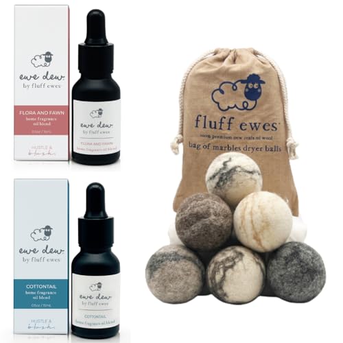 Fluff Ewes Wool Dryer Balls - Chemical-Free Softener, Hypoallergenic + Ewe Dew Aromatherapy - 3 Pack