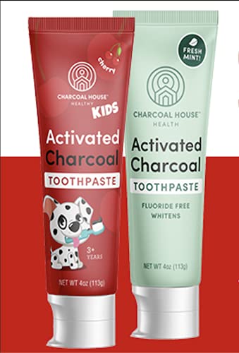 Charcoal House Whitening Toothpaste Set - Fluoride Free, Natural Ingredients, Kids & Adults