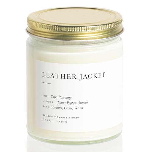 Brooklyn Candle Studio Leather Jacket Candle - Luxury Scent, Vegan Soy Wax, 50-Hour Burn - 7.5oz