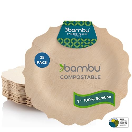 Bambu Compostable Bamboo Plates - 100% Biobased, Durable & Elegant, 7 Inch, Pack of 25