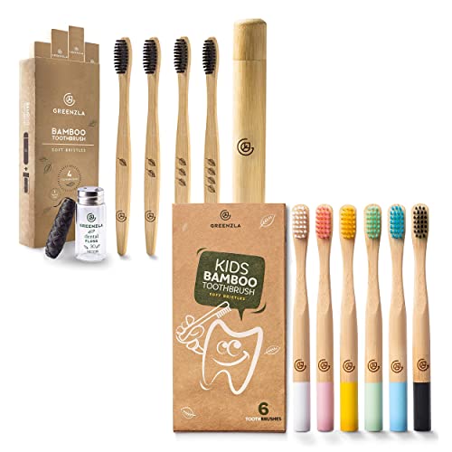 GREENZLA Bamboo Toothbrush Family Bundle - Gentle Oral Care, BPA-Free, Charcoal Floss - 10 Pack