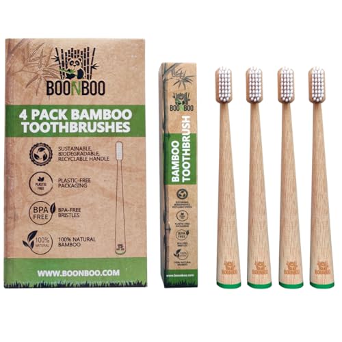 BOONBOO Bamboo Toothbrush - Medium BPA-Free Bristles, Upright Design, Pack of 4