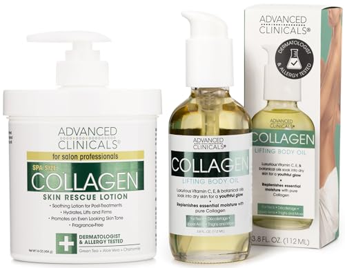 Advanced Clinicals Collagen Body Lotion & Oil - Firm, Hydrate, Restore Elasticity - 2PC Set