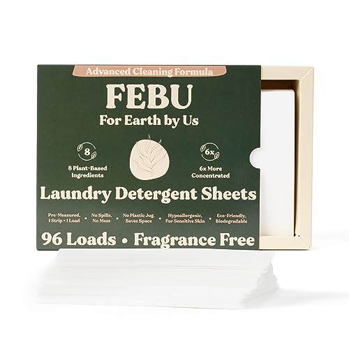 FEBU Laundry Detergent Sheets - 6X Cleaning Power, Plant-Based, Hypoallergenic - 96 Loads