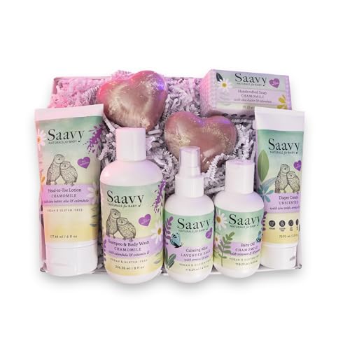 Saavy Naturals Baby Gift Set - Relaxing Chamomile Lavender, Organic & Vegan - 8 Pieces