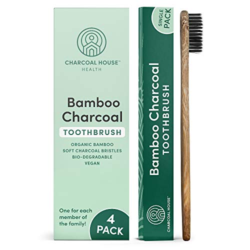 Charcoal House Bamboo Charcoal Toothbrush Set - Gentle, Vegan, Biodegradable - 4-Pack