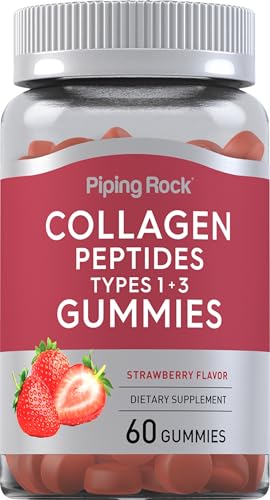 Piping Rock Collagen Peptides Gummies - Types 1 & 3, Non-GMO, Gluten Free - Strawberry, 60 Count