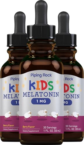 Piping Rock Kids Melatonin Liquid - 1mg Berry Flavor, Non-GMO, Gluten Free - 3 Bottles