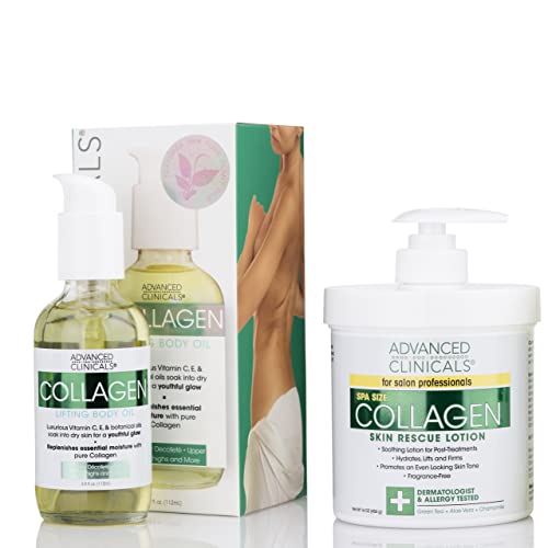 Advanced Clinicals Collagen Body Lotion & Oil Set - Firming, Hydrating, Paraben-Free - 2pc