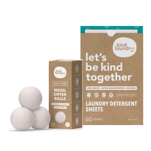 Kind Laundry Wool Dryer Balls & Detergent Sheets - Softens Fabric, Reduces Drying Time - 3-Pack