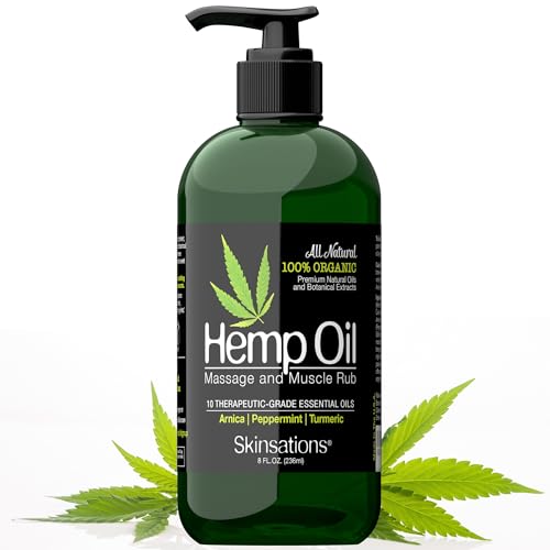 Skinsations Hemp Massage Oil - Natural Relief with 10 Essential Oils, 100% Organic - 4oz