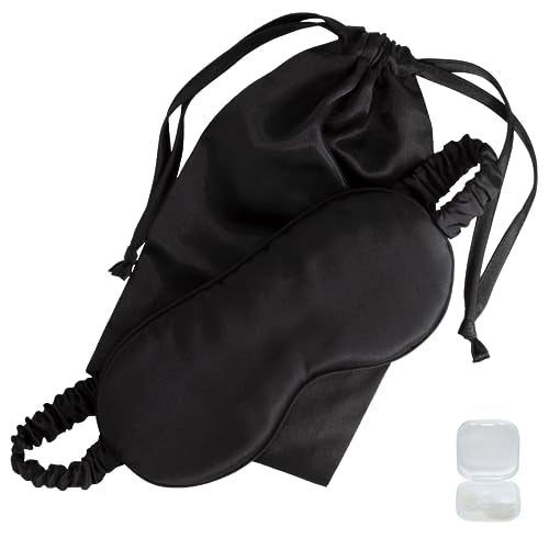 Satavi Naturals Organic Mulberry Silk Eye Mask - Blocks Light, Includes Ear Plugs & Bag - Black