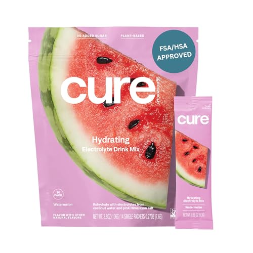 Cure Hydration Powder Packets - Rapid Dehydration Relief, Non-GMO, Vegan - Watermelon, 14 Packets