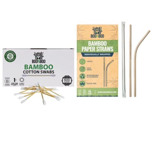 BOONBOO Bamboo Cotton Swabs & Straws - Biodegradable, Versatile Use - 600ct Swabs, 100ct Straws