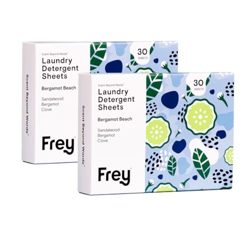 FREY Laundry Detergent Sheets - Deep Clean, Bergamot Beach Scent, Plant-Derived - 60 Sheets (2 Pack)