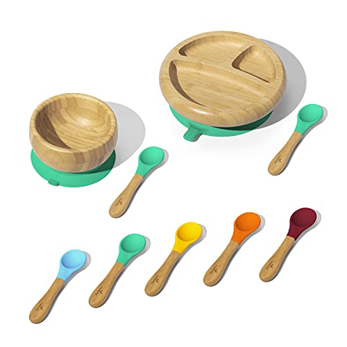 Avanchy Bamboo Divided Baby Plate & Spoon Set - Mess-Free Feeding, BPA-Free, Rainbow Gift Set