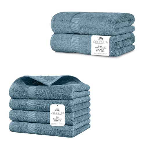 Premium 100% Cotton Towel Set - Plush, Quick-Dry, Safe for Skin - 6-Pack in Blue